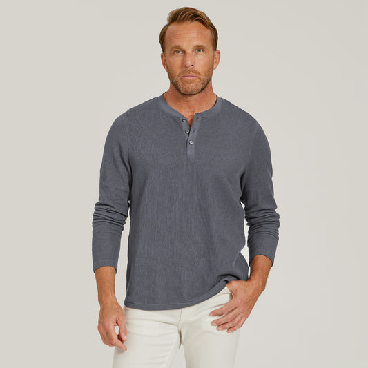 Cotton Waffle Curved Hem Henley Blue Ink Henley tees