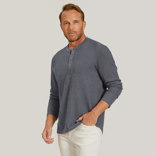 Cotton Waffle Curved Hem Henley Blue Ink Henley tees