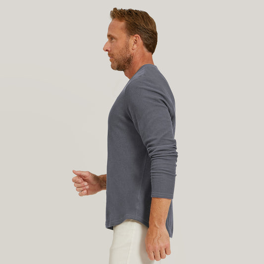 Cotton Waffle Curved Hem Henley Blue Ink Henley tees