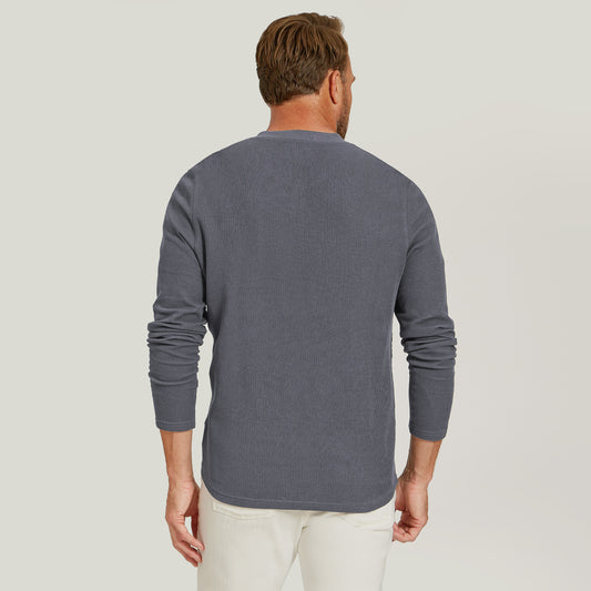 Cotton Waffle Curved Hem Henley Blue Ink Henley tees