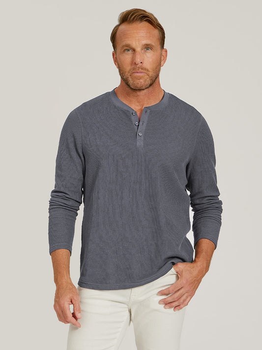 Cotton Waffle Curved Hem Henley Blue Ink Henley tees