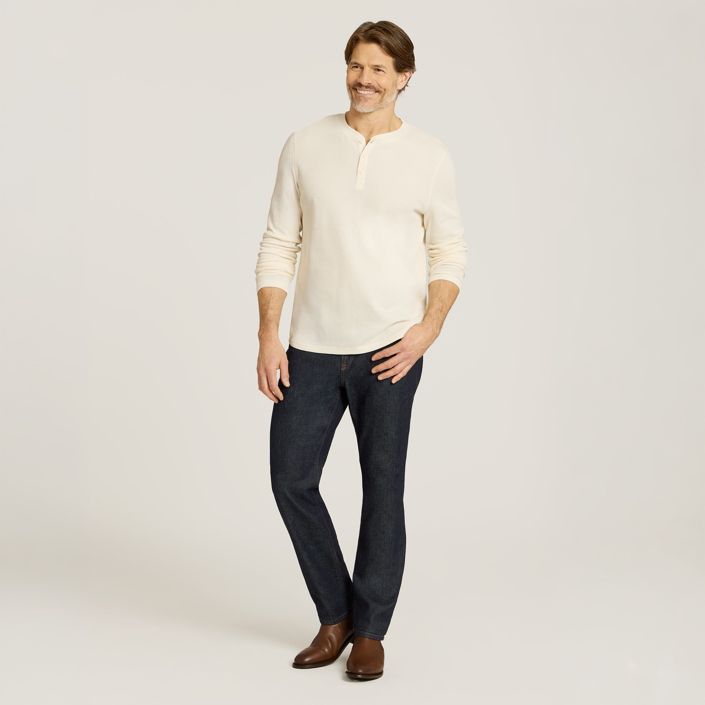 Men wearing Bone Cotton Waffle Curved Hem Henley