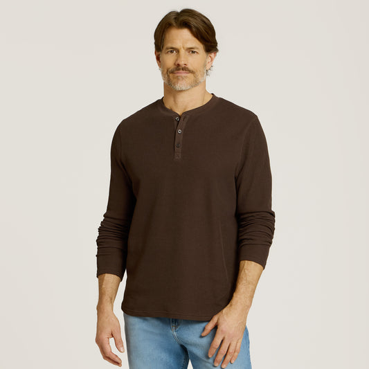 Cotton Waffle Curved Hem Henley Cocoa Henley tees