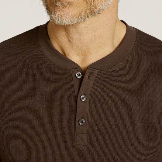 Cotton Waffle Curved Hem Henley Cocoa Henley tees