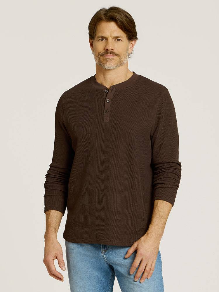 Men wearing Cocoa Cotton Waffle Curved Hem Henley