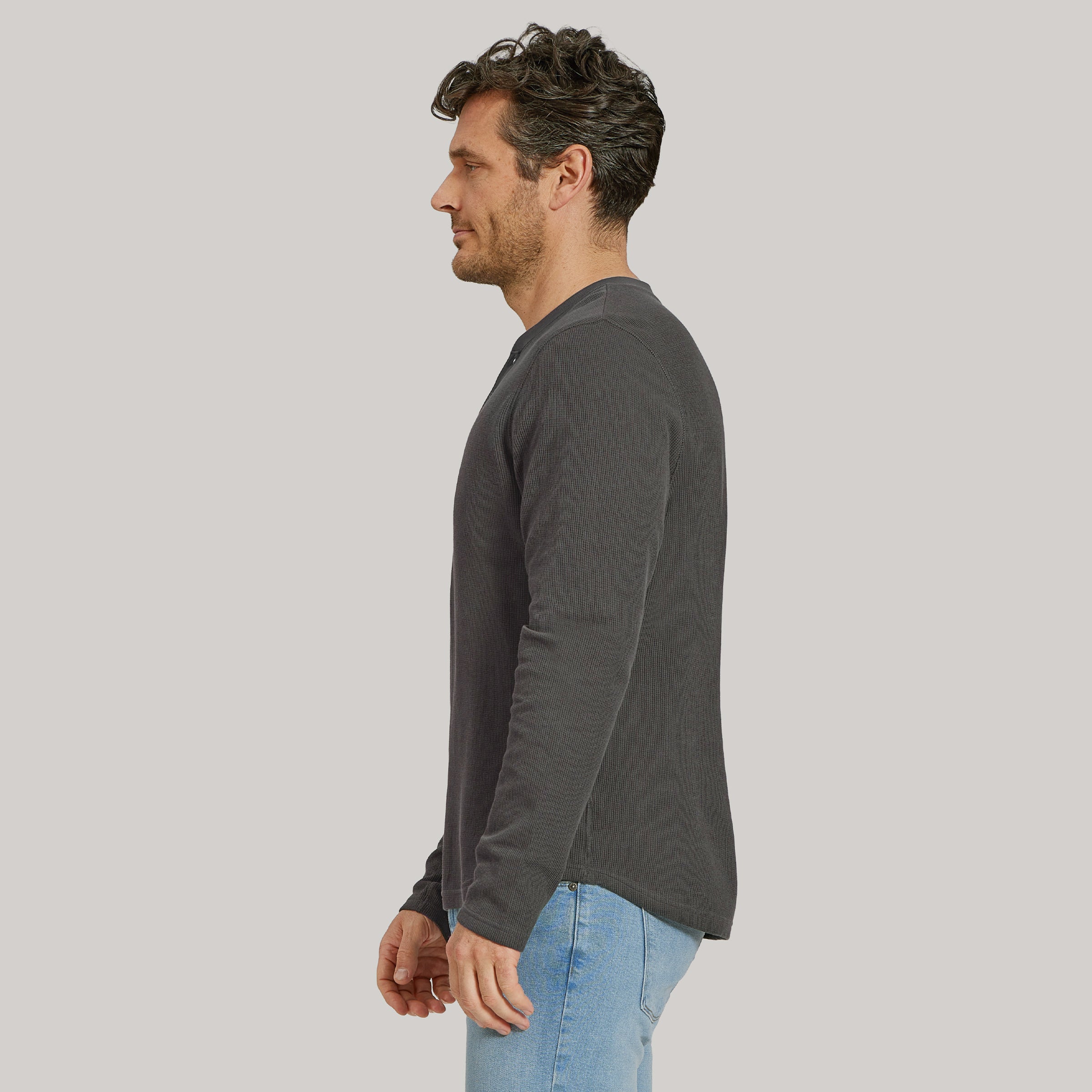 Men wearing Dark Gray Cotton Waffle Curved Hem Henley