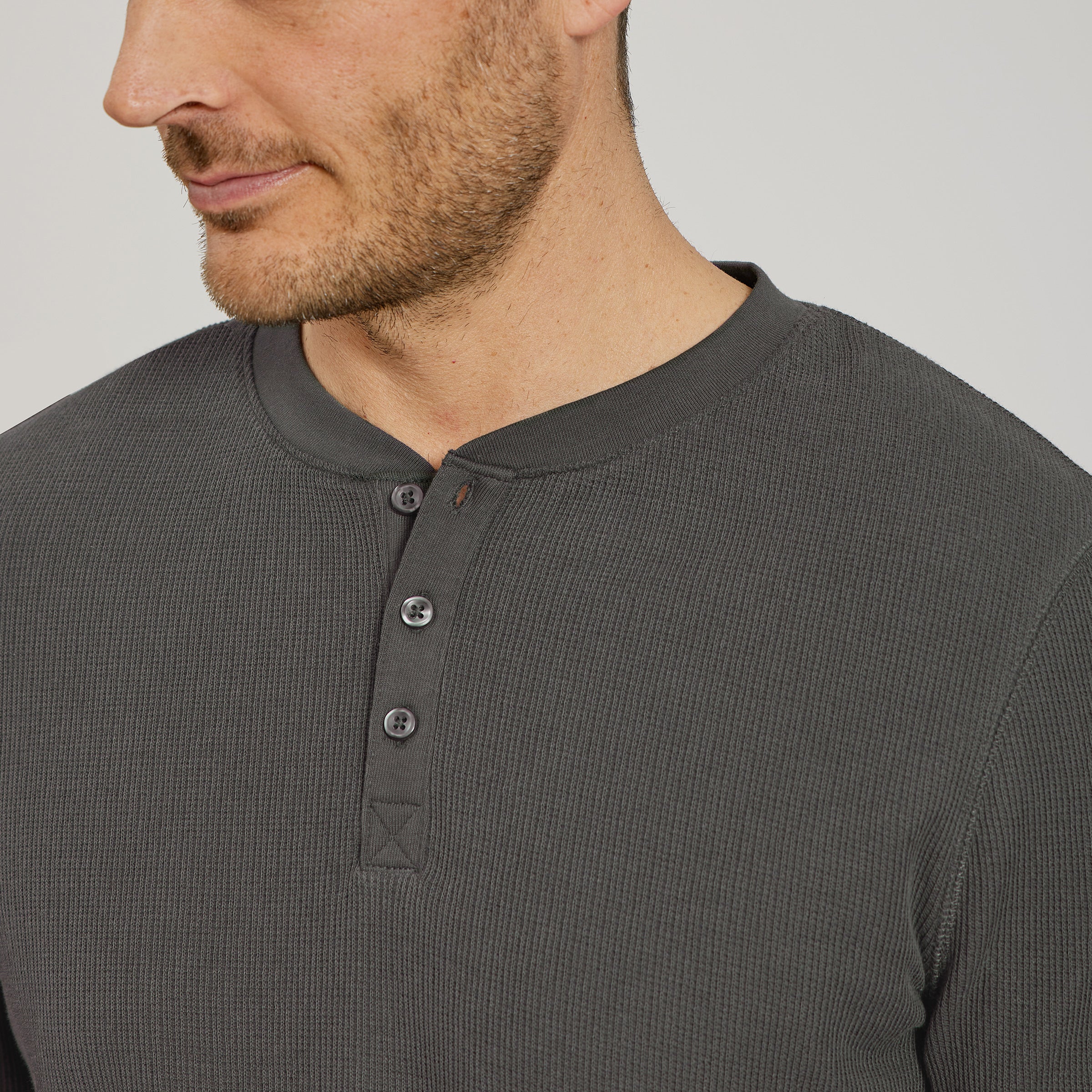 Men wearing Dark Gray Cotton Waffle Curved Hem Henley