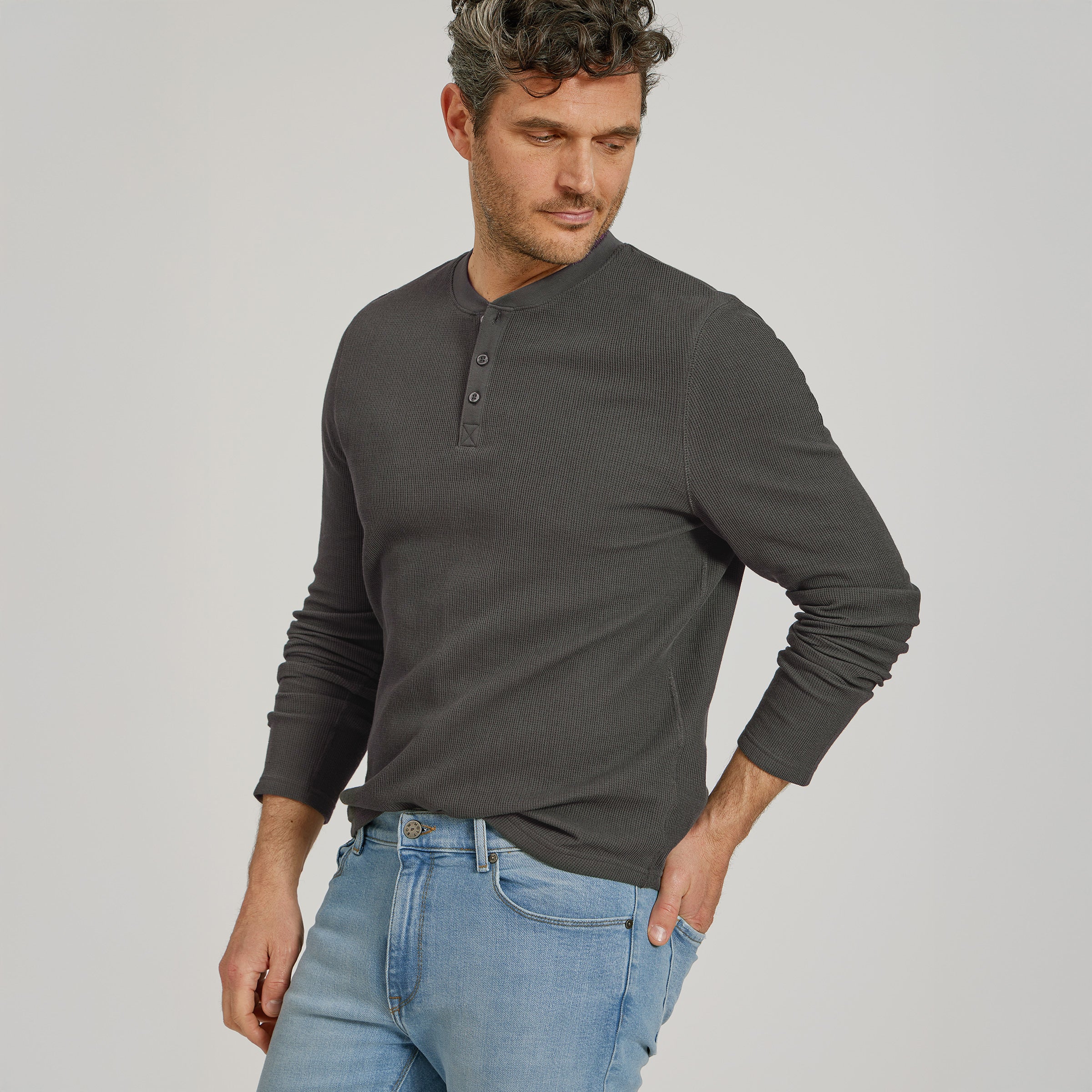 Men wearing Dark Gray Cotton Waffle Curved Hem Henley