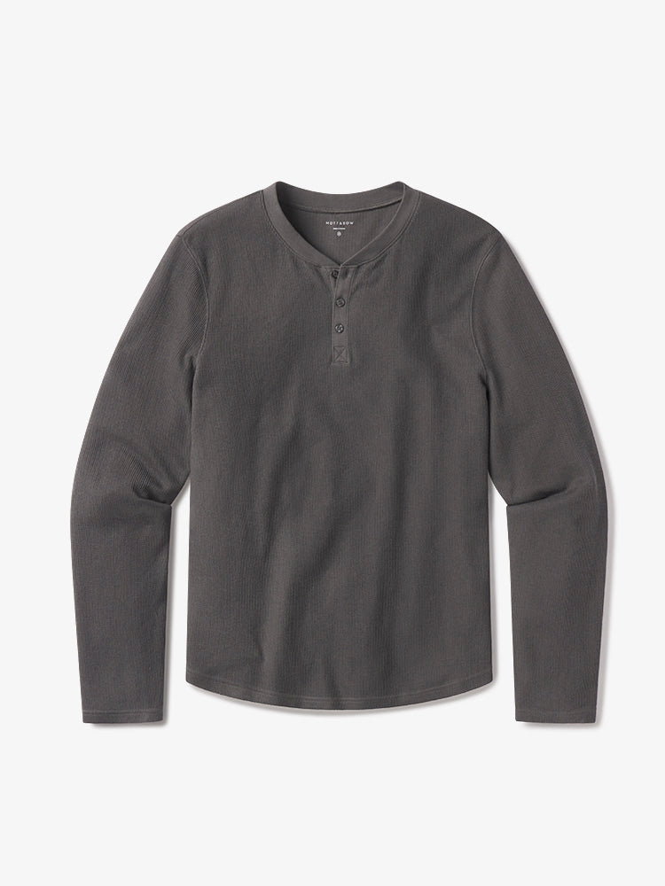Men wearing Dark Gray Cotton Waffle Curved Hem Henley