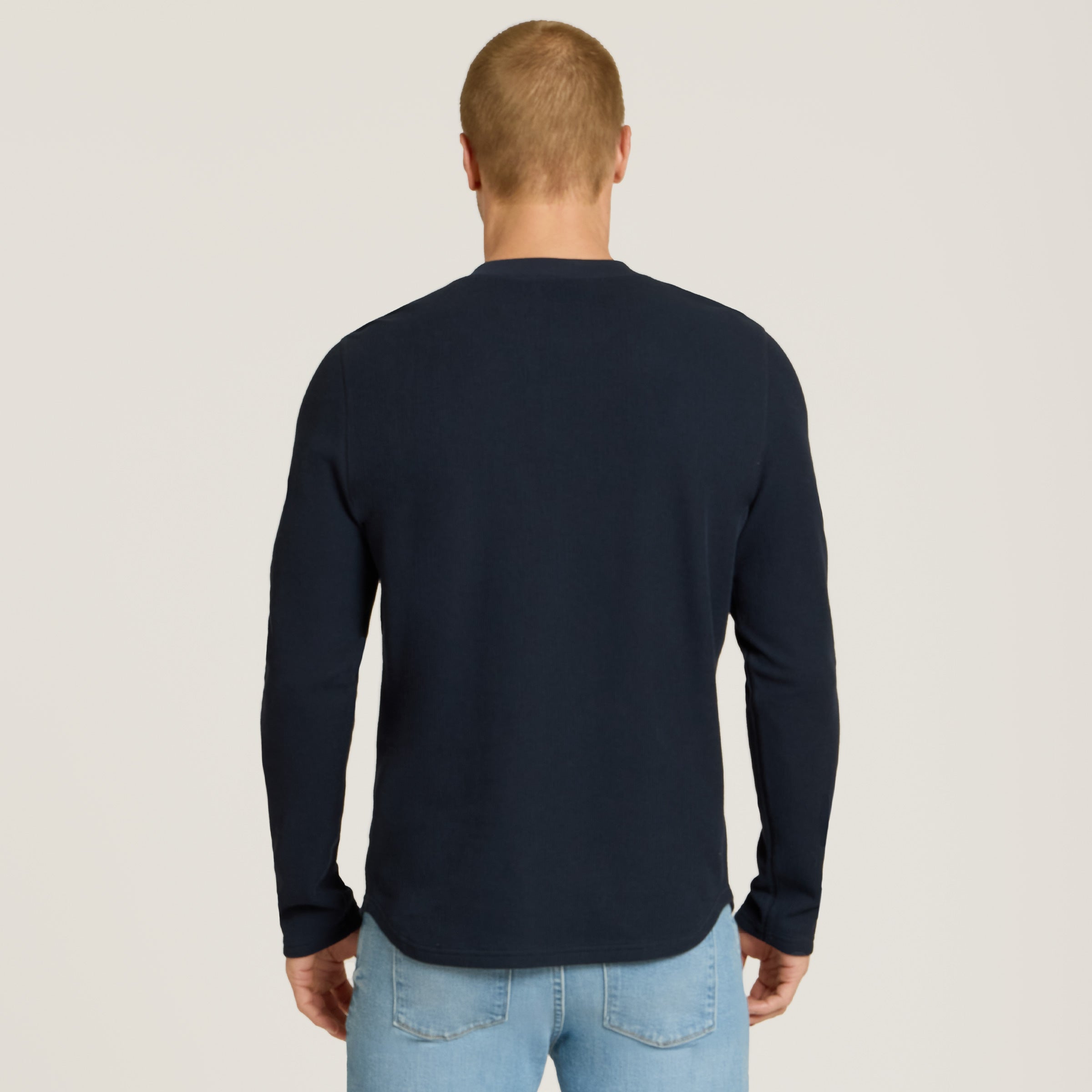 Men wearing Navy Cotton Waffle Curved Hem Henley