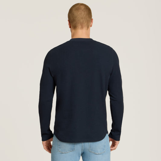 Cotton Waffle Curved Hem Henley Navy Henley tees