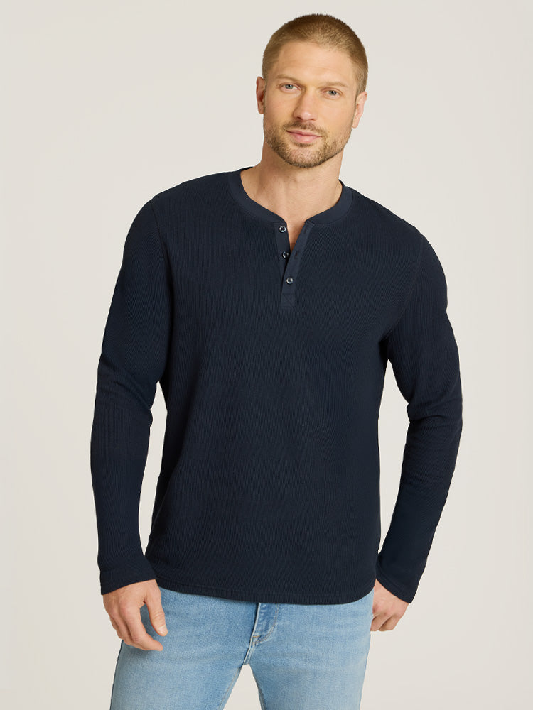 Men wearing Navy Cotton Waffle Curved Hem Henley