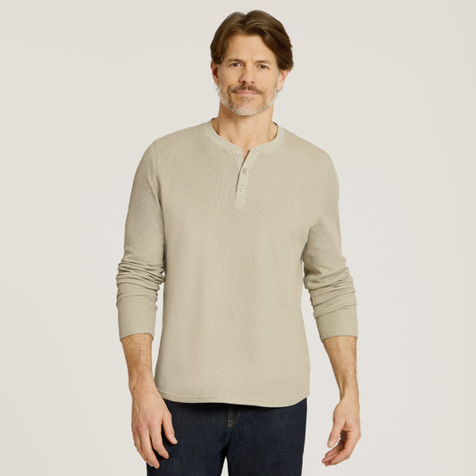 Cotton Waffle Curved Hem Henley Taupe Henley tees