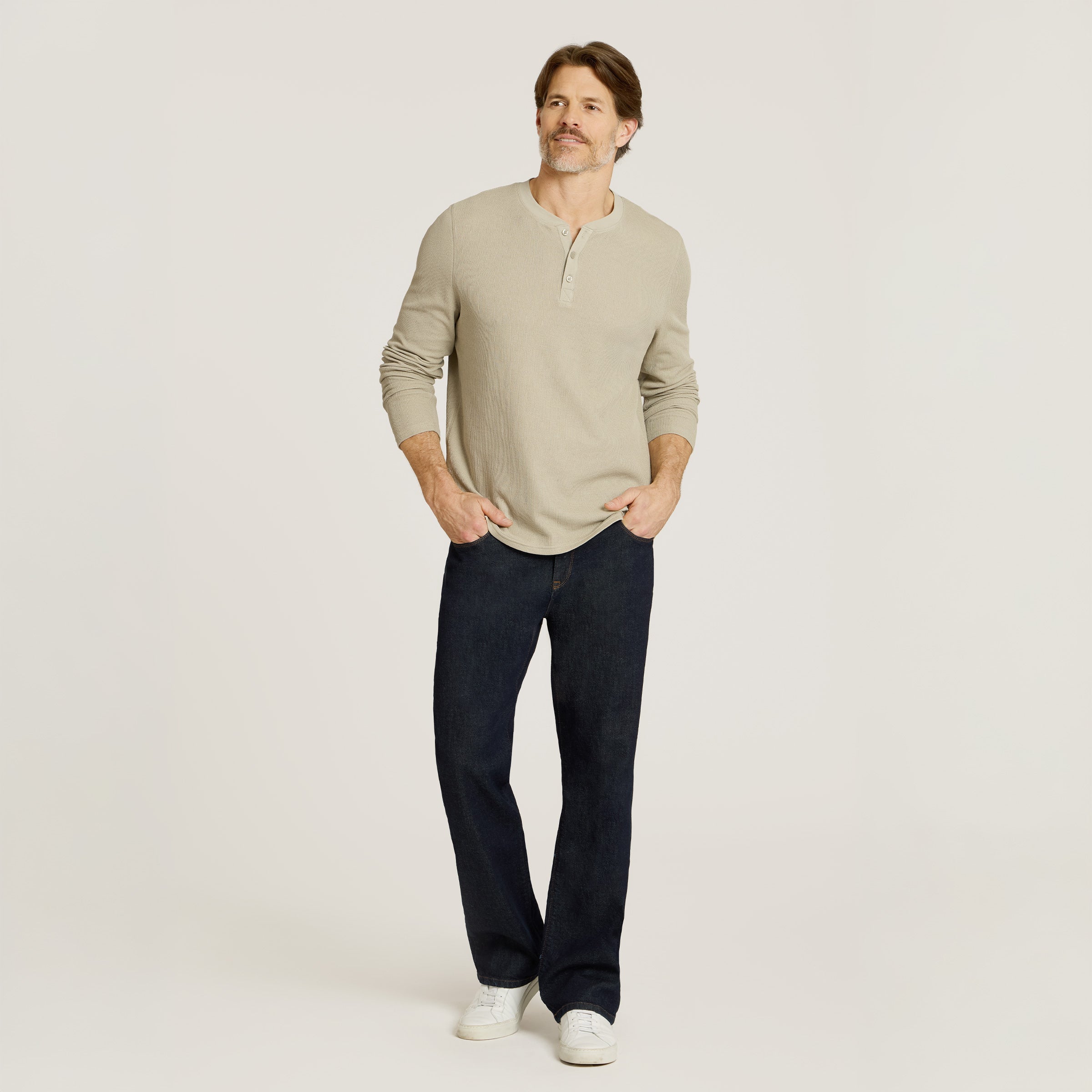Men wearing Taupe Cotton Waffle Curved Hem Henley