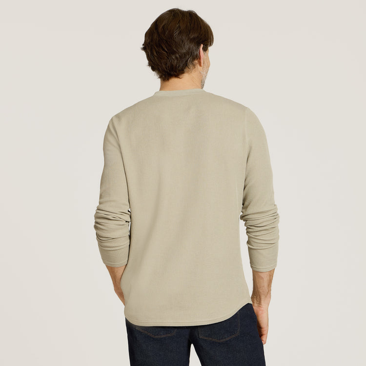Men wearing Taupe Cotton Waffle Curved Hem Henley