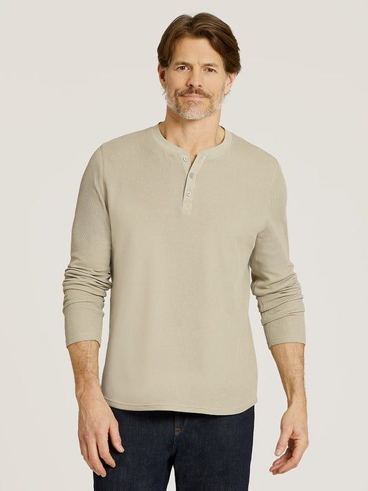 Cotton Waffle Curved Hem Henley Taupe Henley tees
