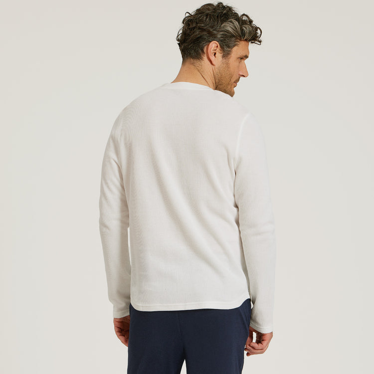 Men wearing White Cotton Waffle Curved Hem Henley