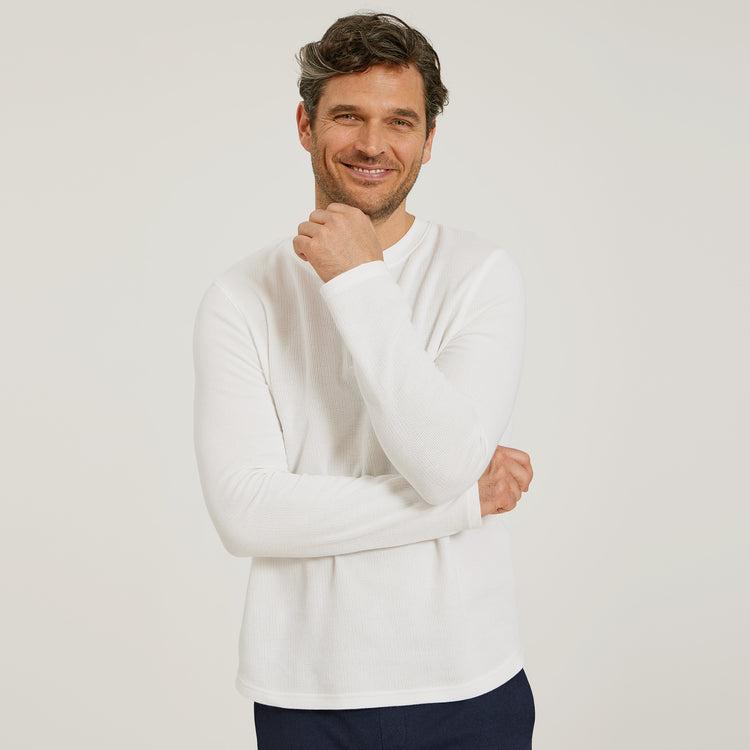 Men wearing White Cotton Waffle Curved Hem Henley