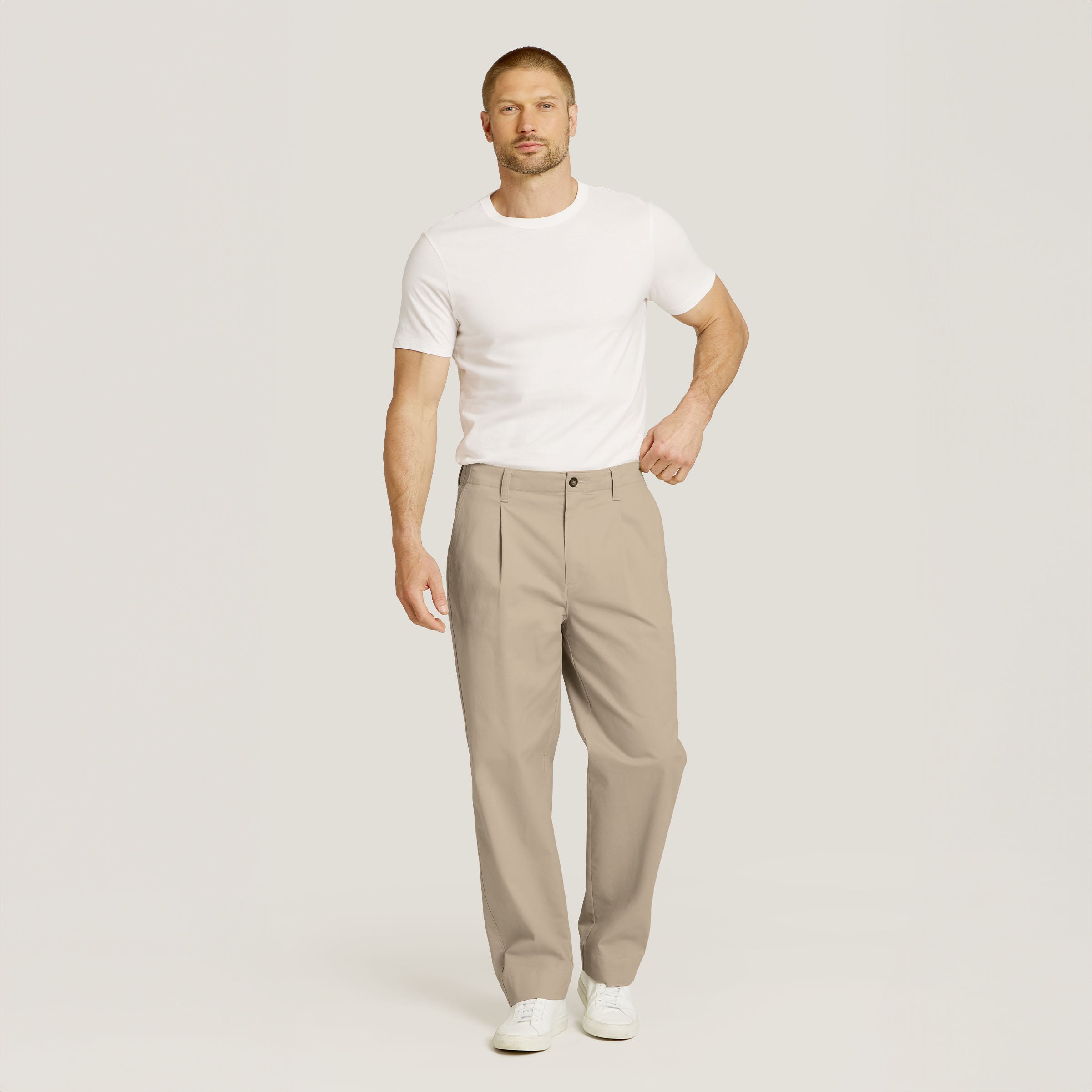 Men wearing Ecru Wide Leg Chino Pants