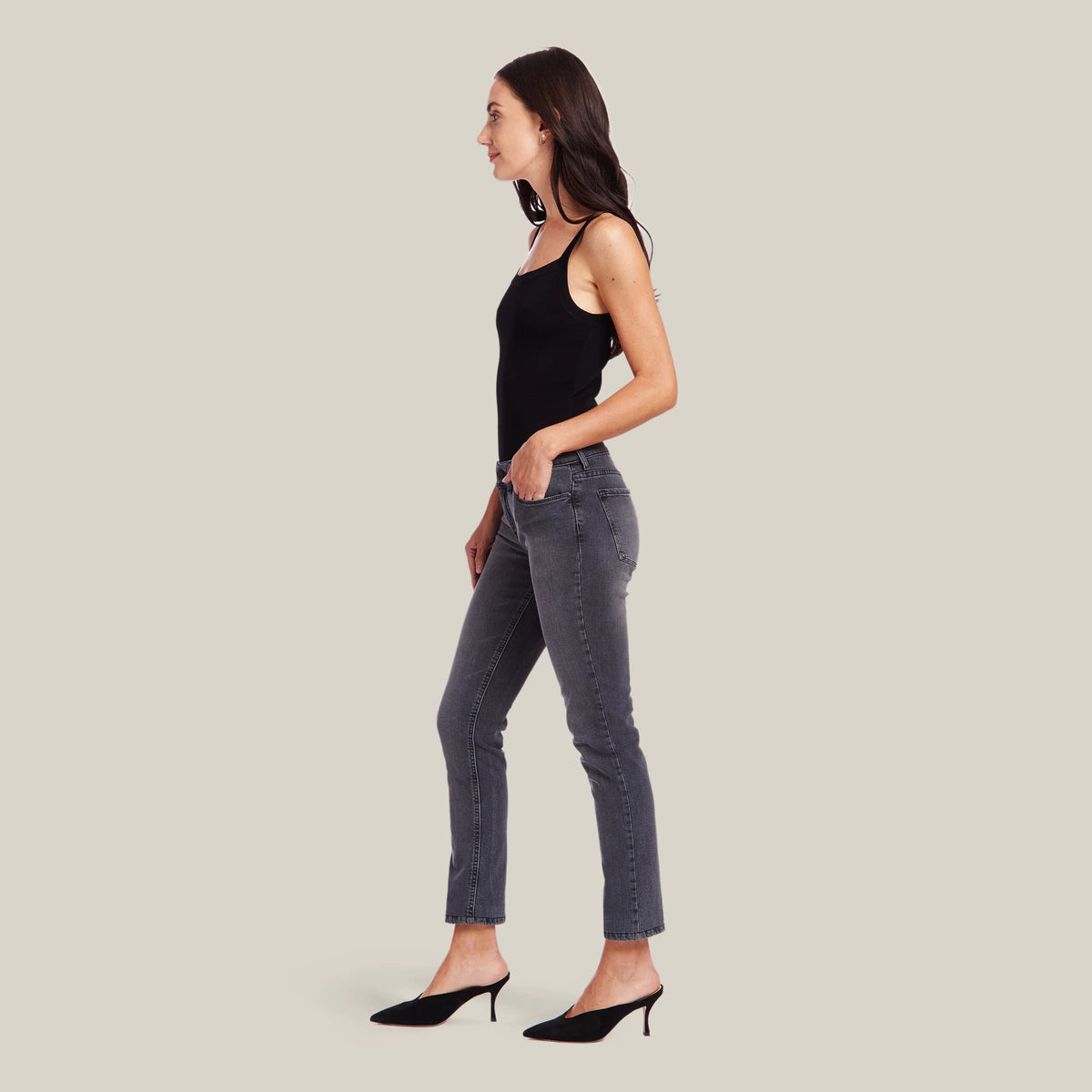 Women wearing Gris Allen Mid Rise Slim Straight Jeans