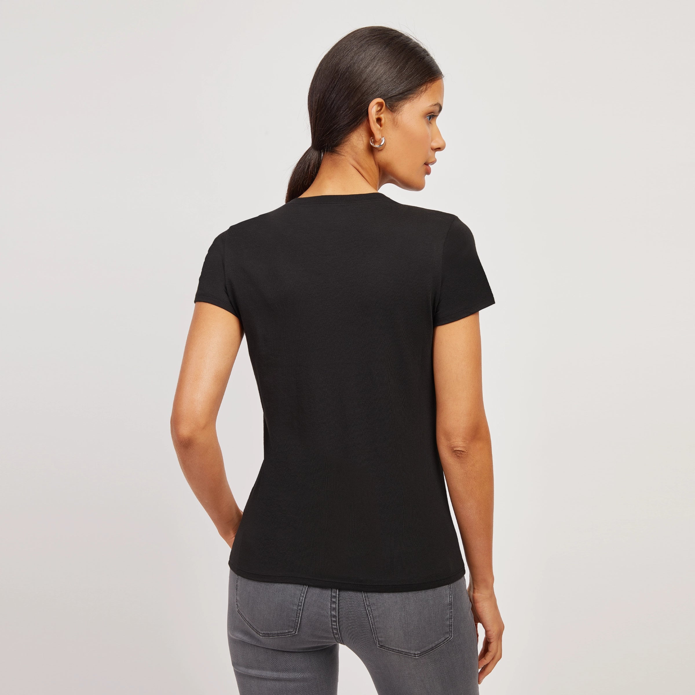  wearing Black Fitted V-Neck Marcy Tee
