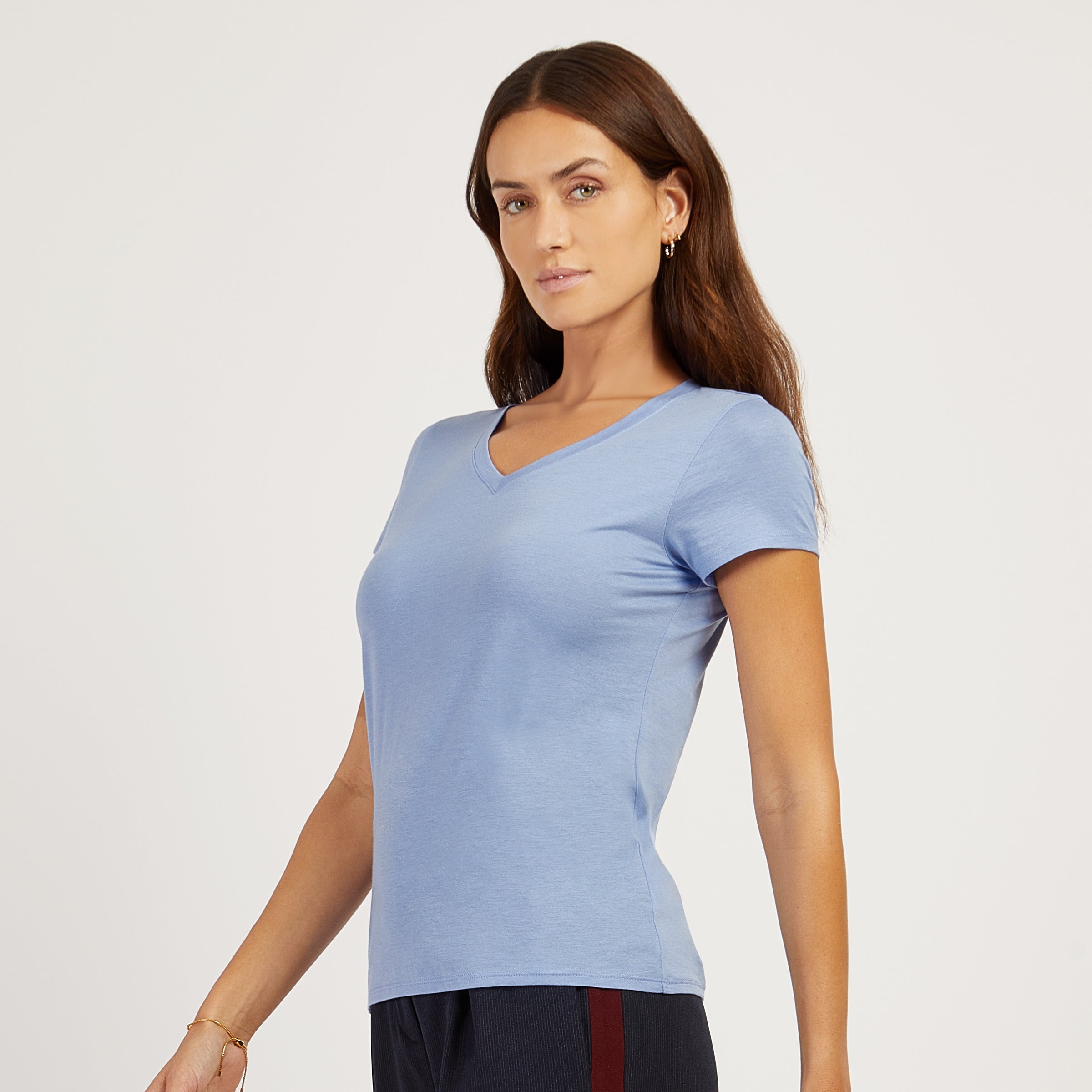 Women wearing Hortensia Fitted V-Neck Marcy Tee