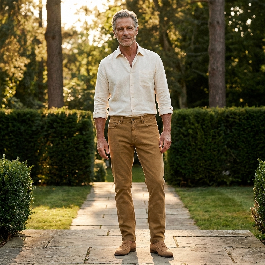 Men wearing Khaki. Slim Mercer Jeans