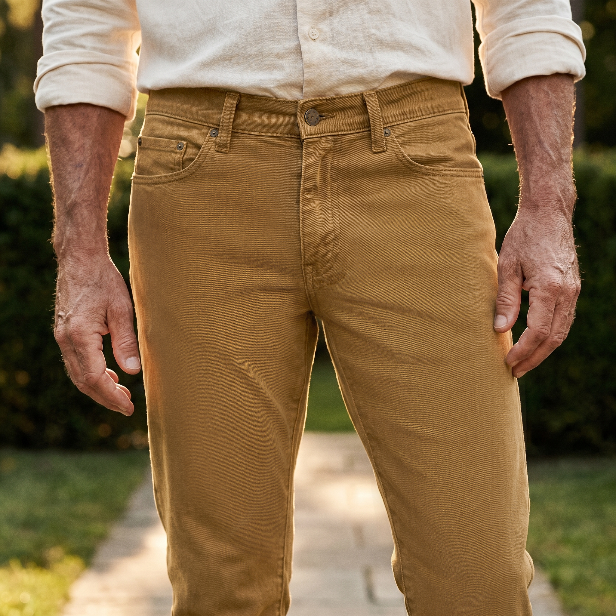 Men wearing Khaki. Slim Mercer Jeans