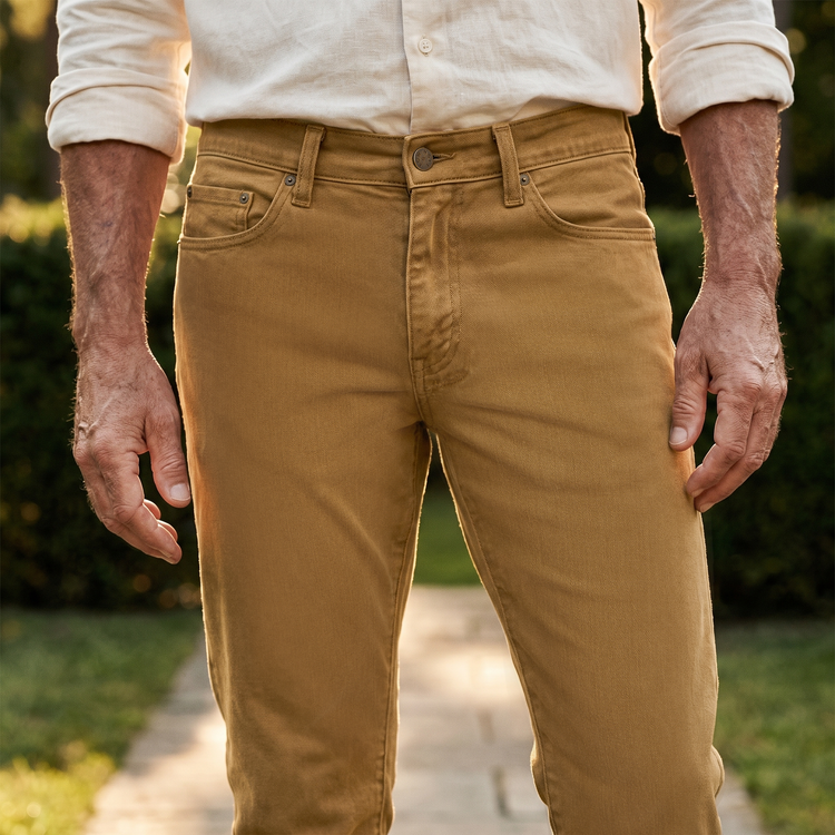 Men wearing Khaki. Slim Mercer Jeans