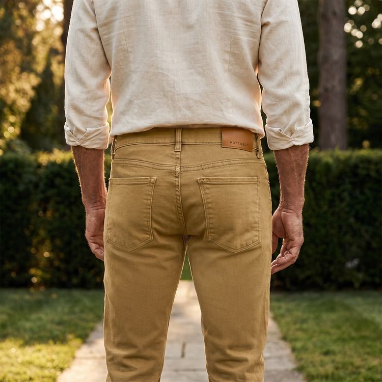 Men wearing Khaki. Slim Mercer Jeans