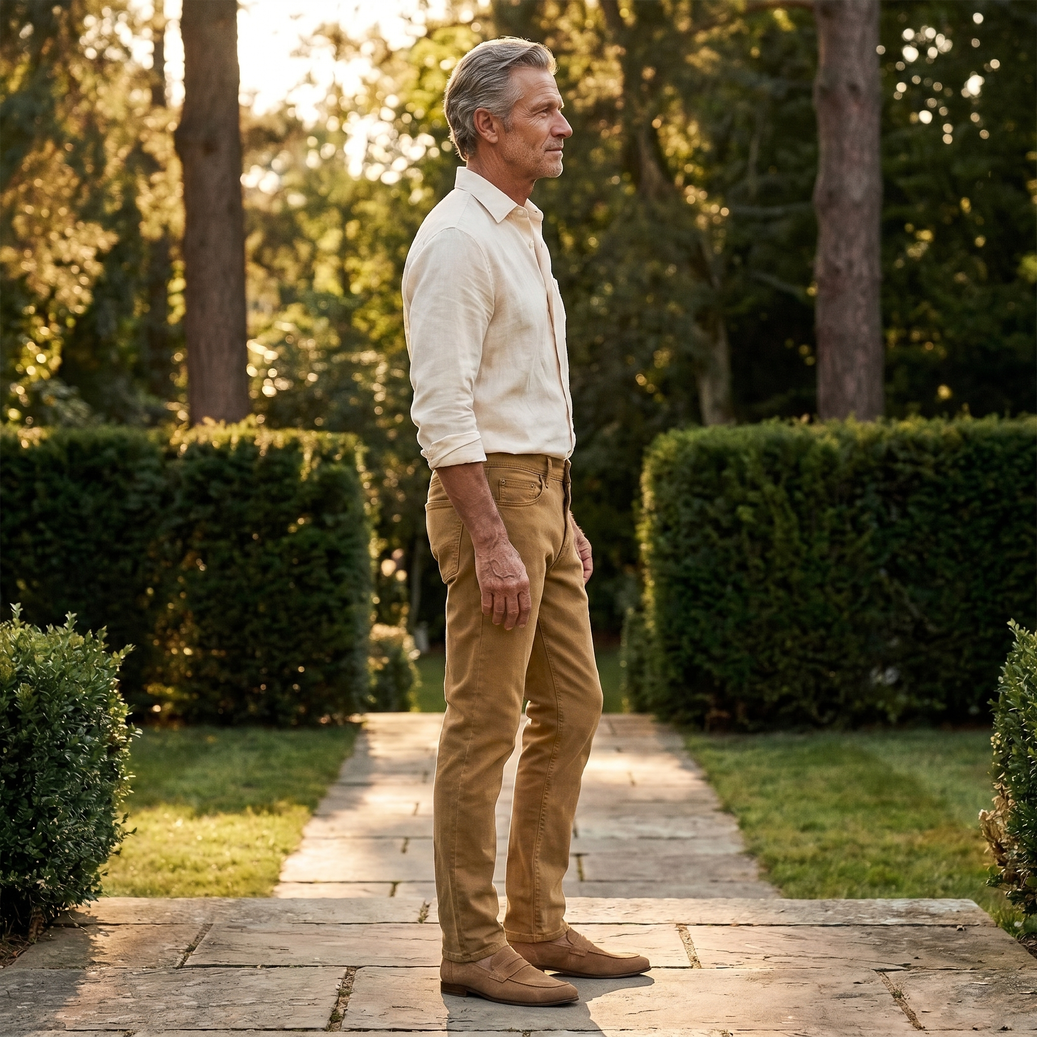 Men wearing Khaki. Slim Mercer Jeans