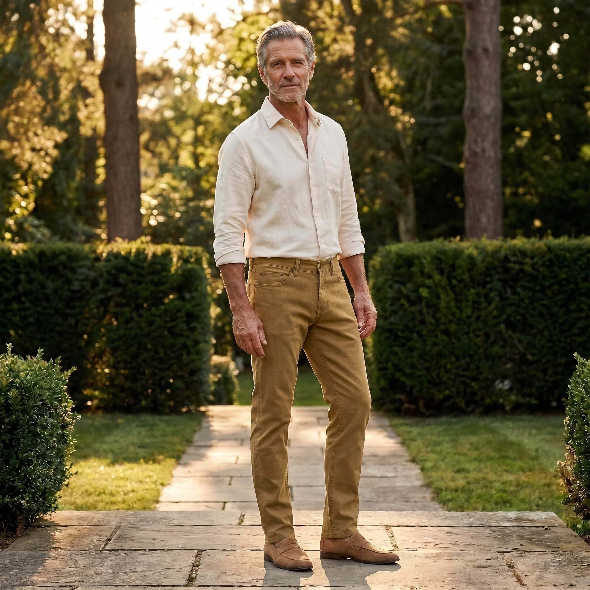 Men wearing Khaki. Slim Mercer Jeans
