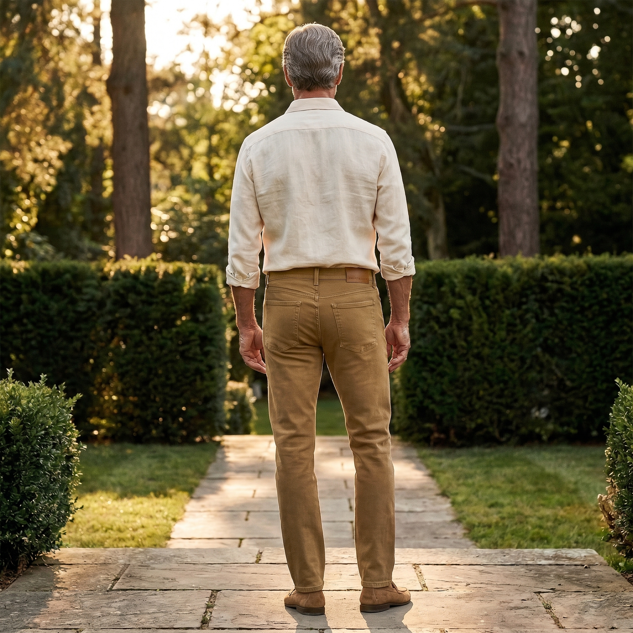 Men wearing Khaki. Slim Mercer Jeans