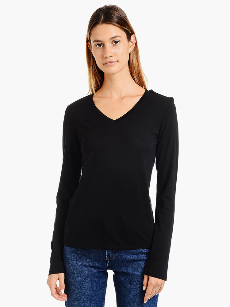 Women wearing Black Long Sleeve V-Neck Marcy tees