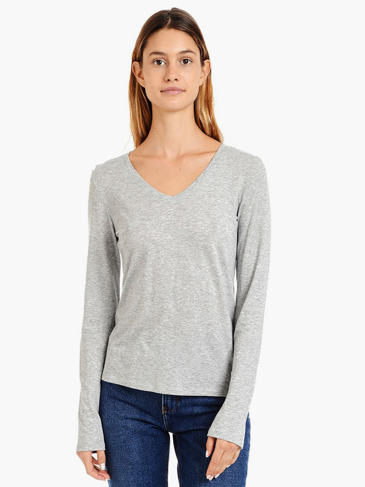 Women wearing Black Long Sleeve V-Neck Marcy tees