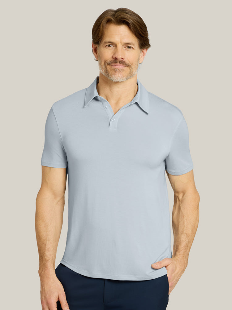 Men wearing Black Luxe Performance Polo tees