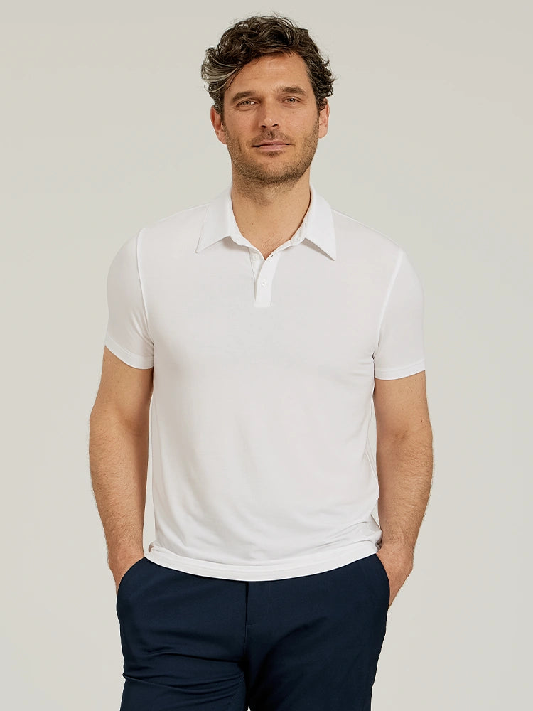 Men wearing Black Luxe Performance Polo tees