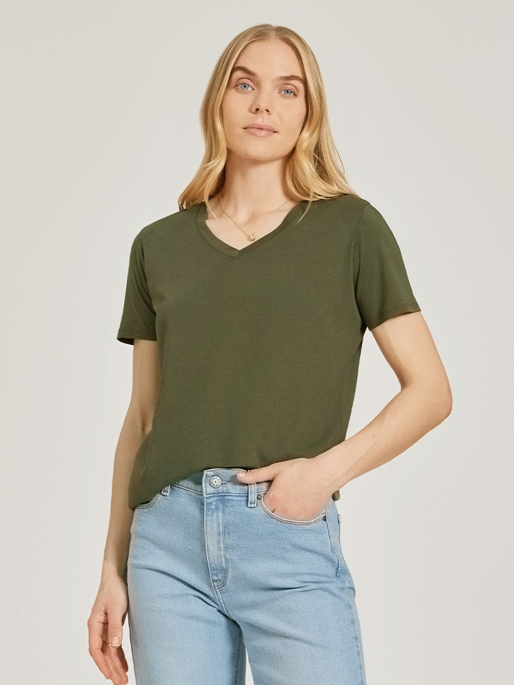 Women wearing White Relaxed V-Neck Marcy Tee tees