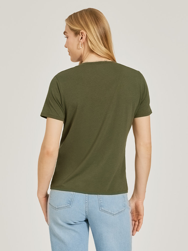 Women wearing Military Green Relaxed V-Neck Marcy Tee