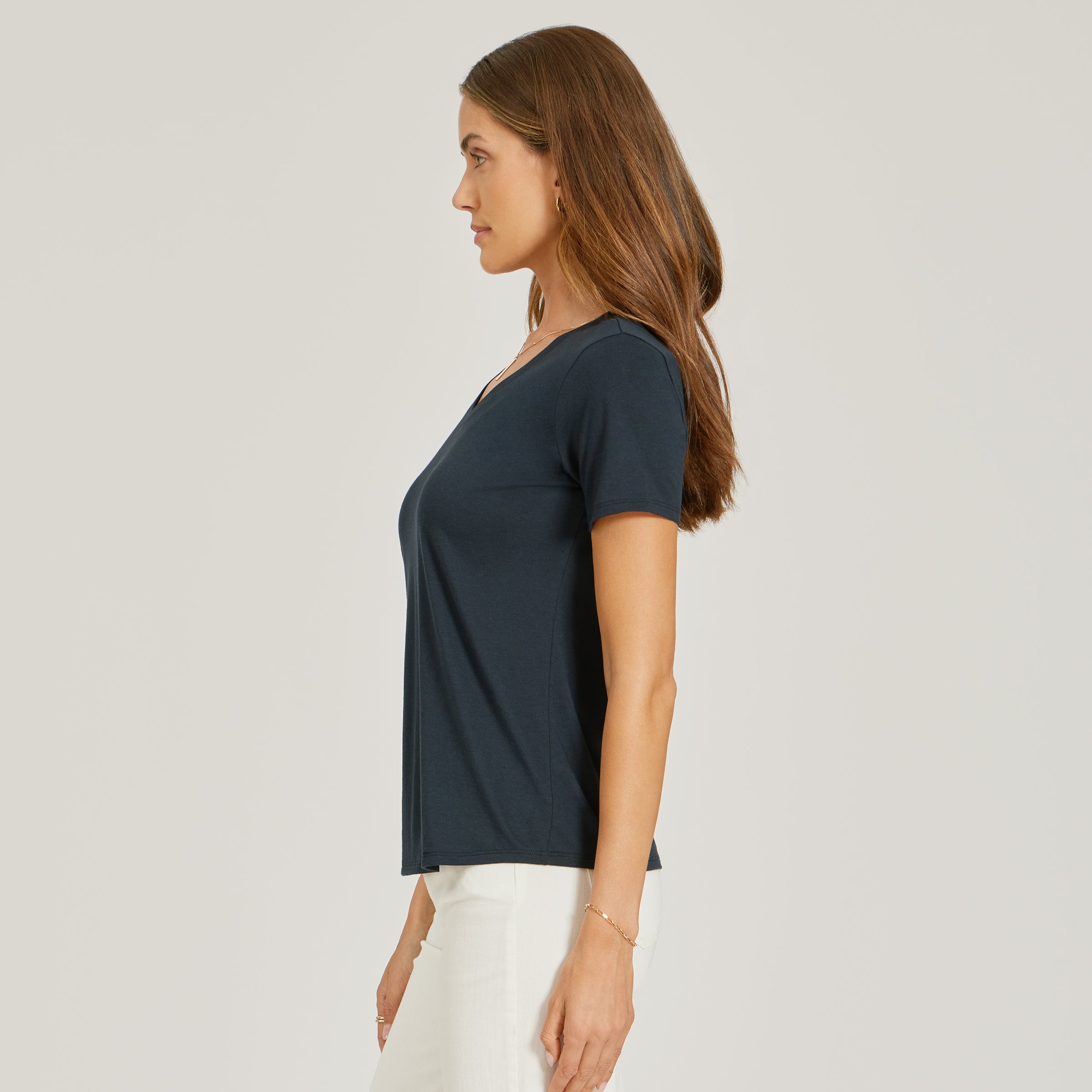Women wearing Azul marino Relaxed V-Neck Marcy Tee