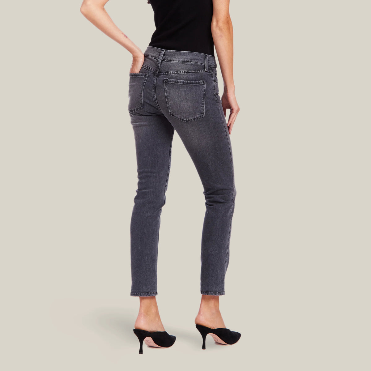 Women wearing Gris Allen Mid Rise Slim Straight Jeans