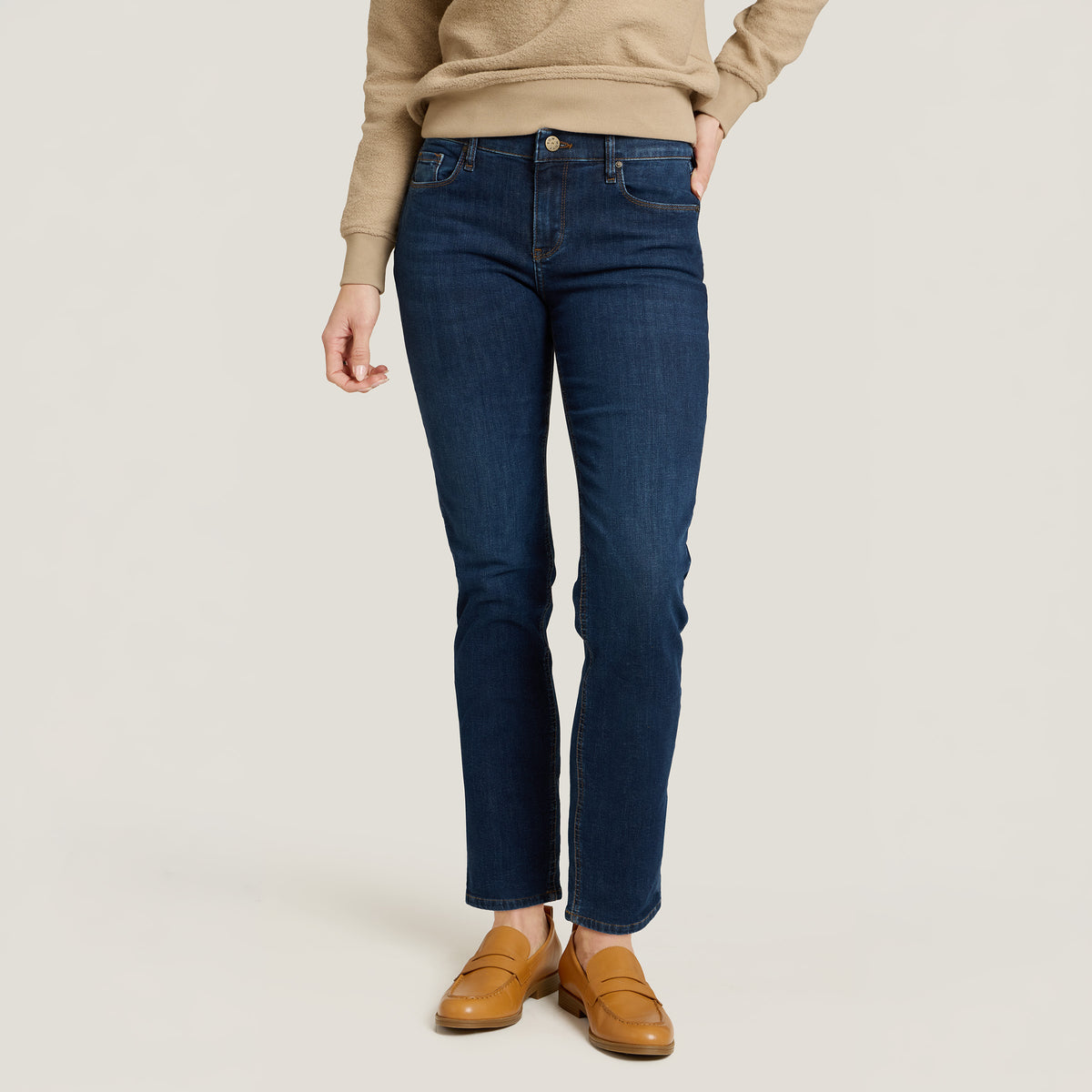 Women wearing Dark Blue Logan Mid Rise Slim Straight Jeans