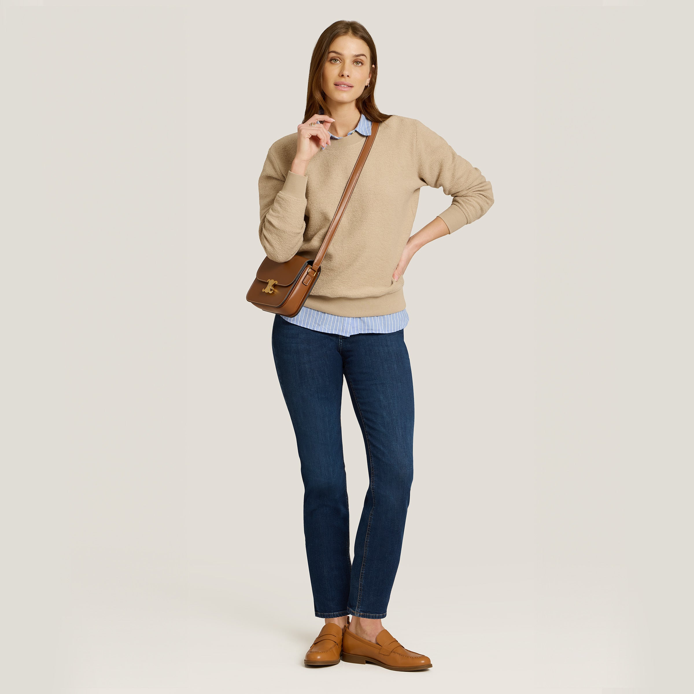 Women wearing Caramel Crew Neck Fleece Sweatshirt
