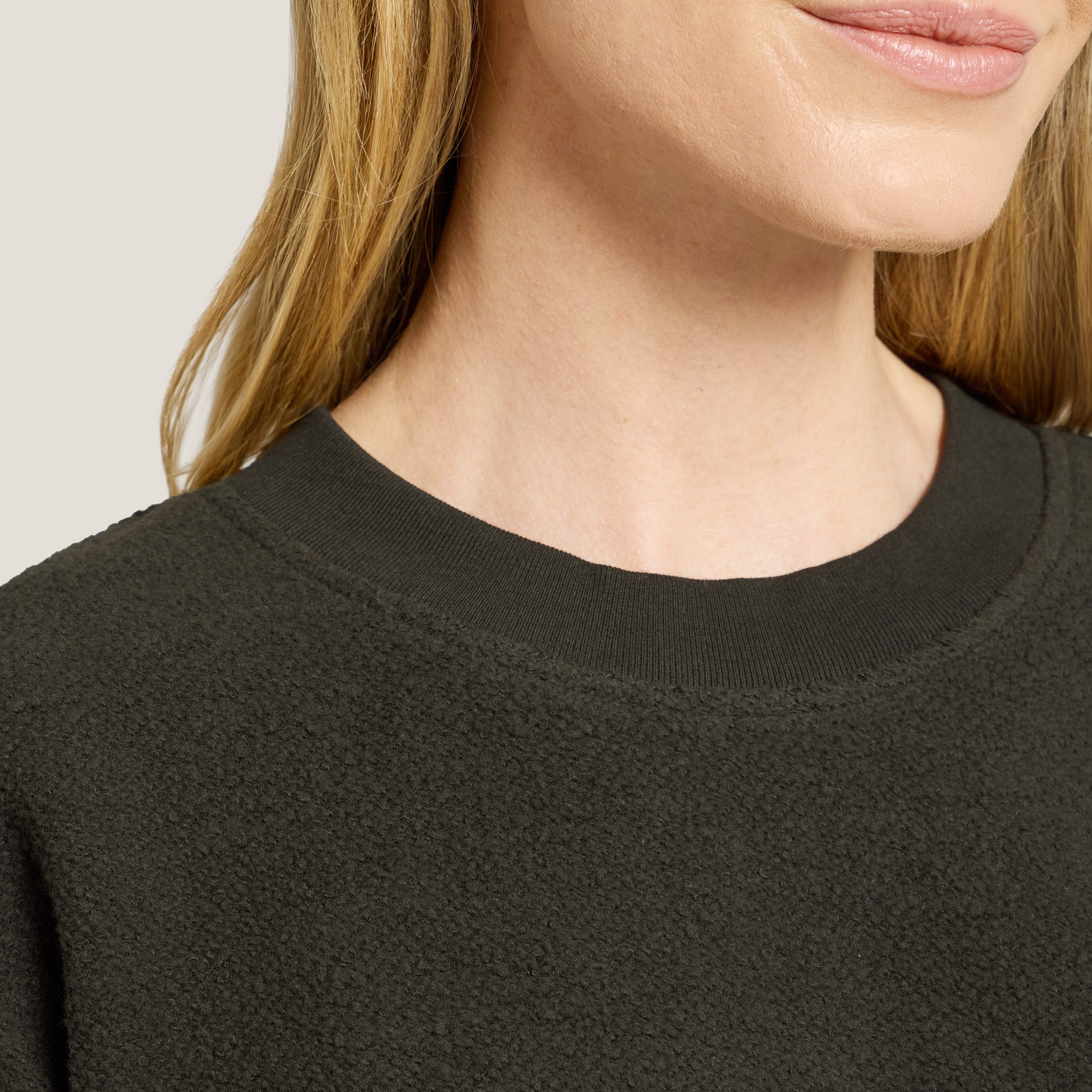 Women wearing Faded Black Crew Neck Fleece Sweatshirt