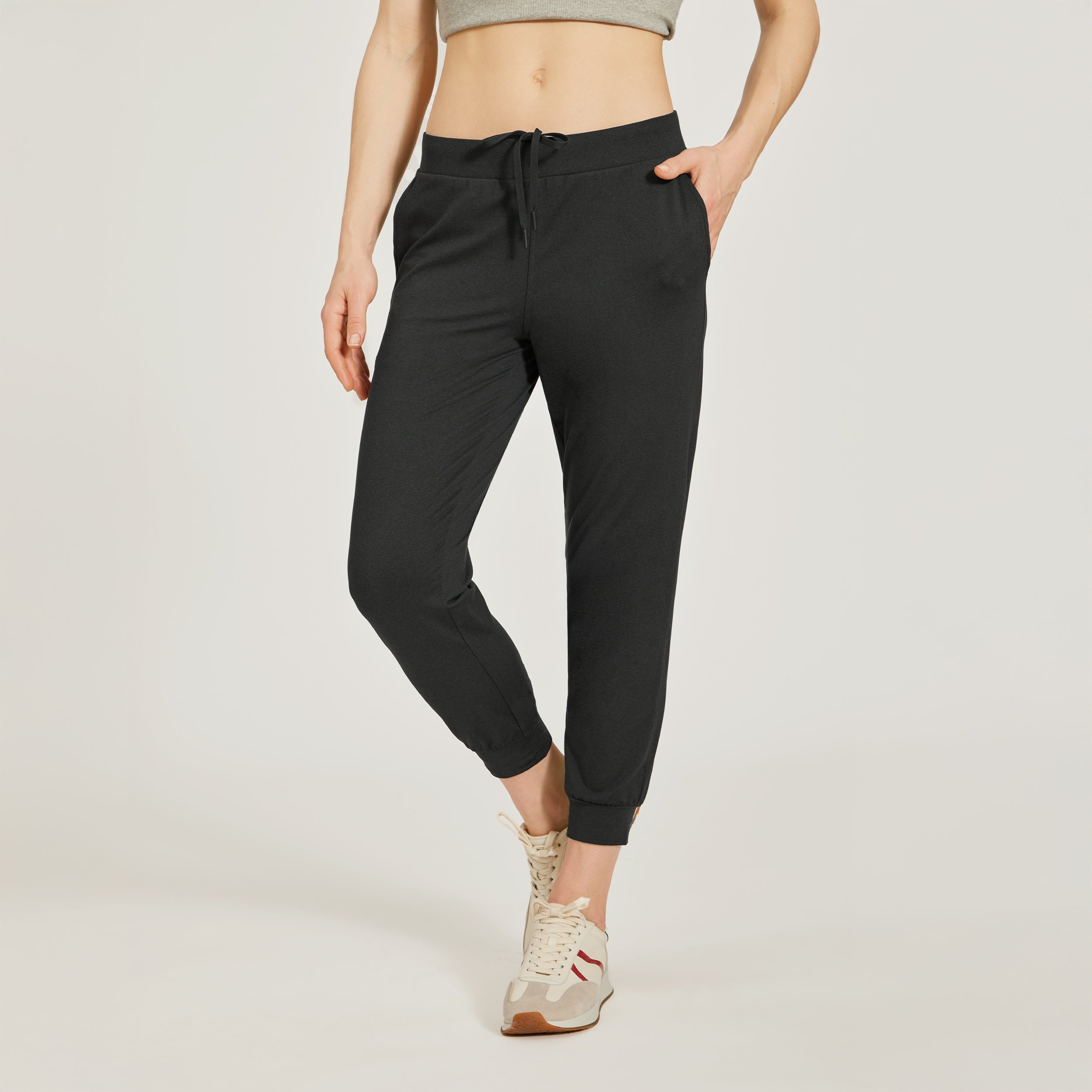 Women wearing Black Heather Cropped Performance Jogger