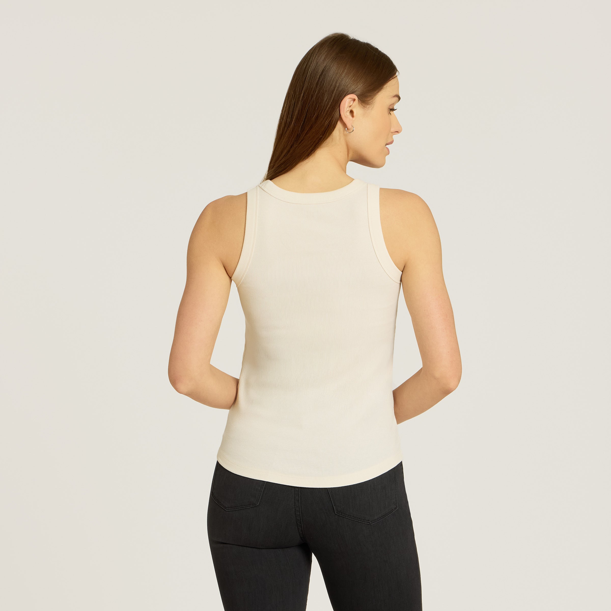 Women wearing Pearl White Rib Tank