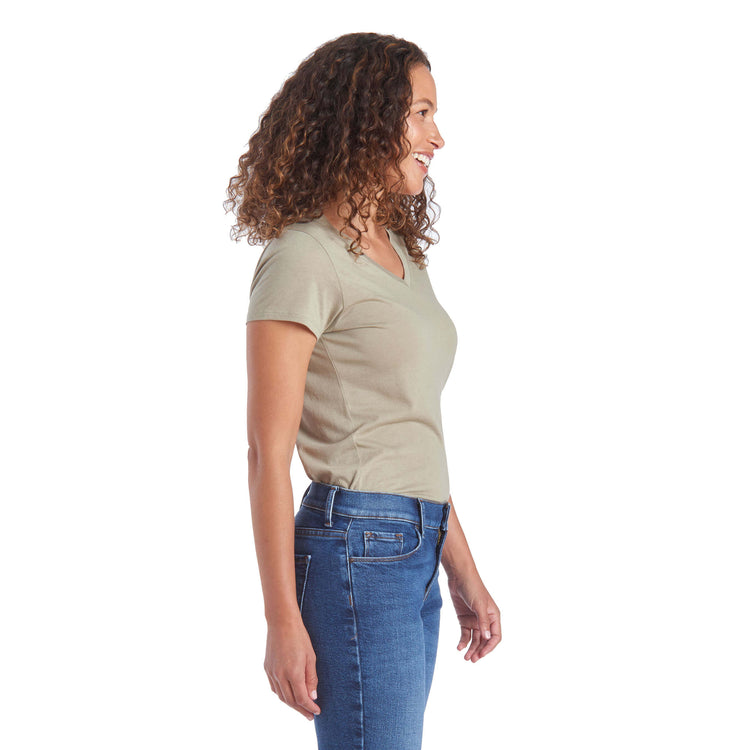 Women wearing Olive Fitted V-Neck Marcy Tee