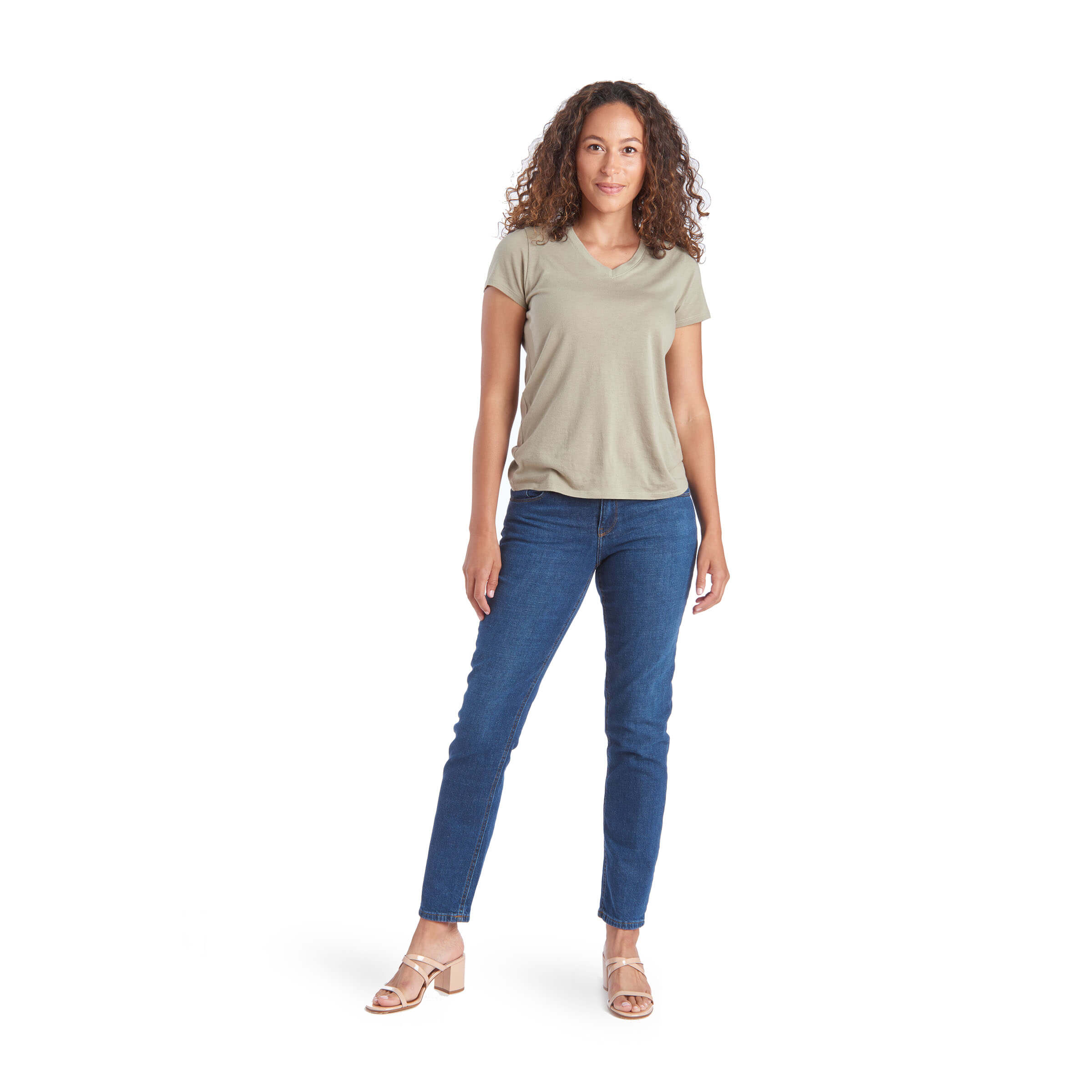 Women wearing Olive Fitted V-Neck Marcy Tee
