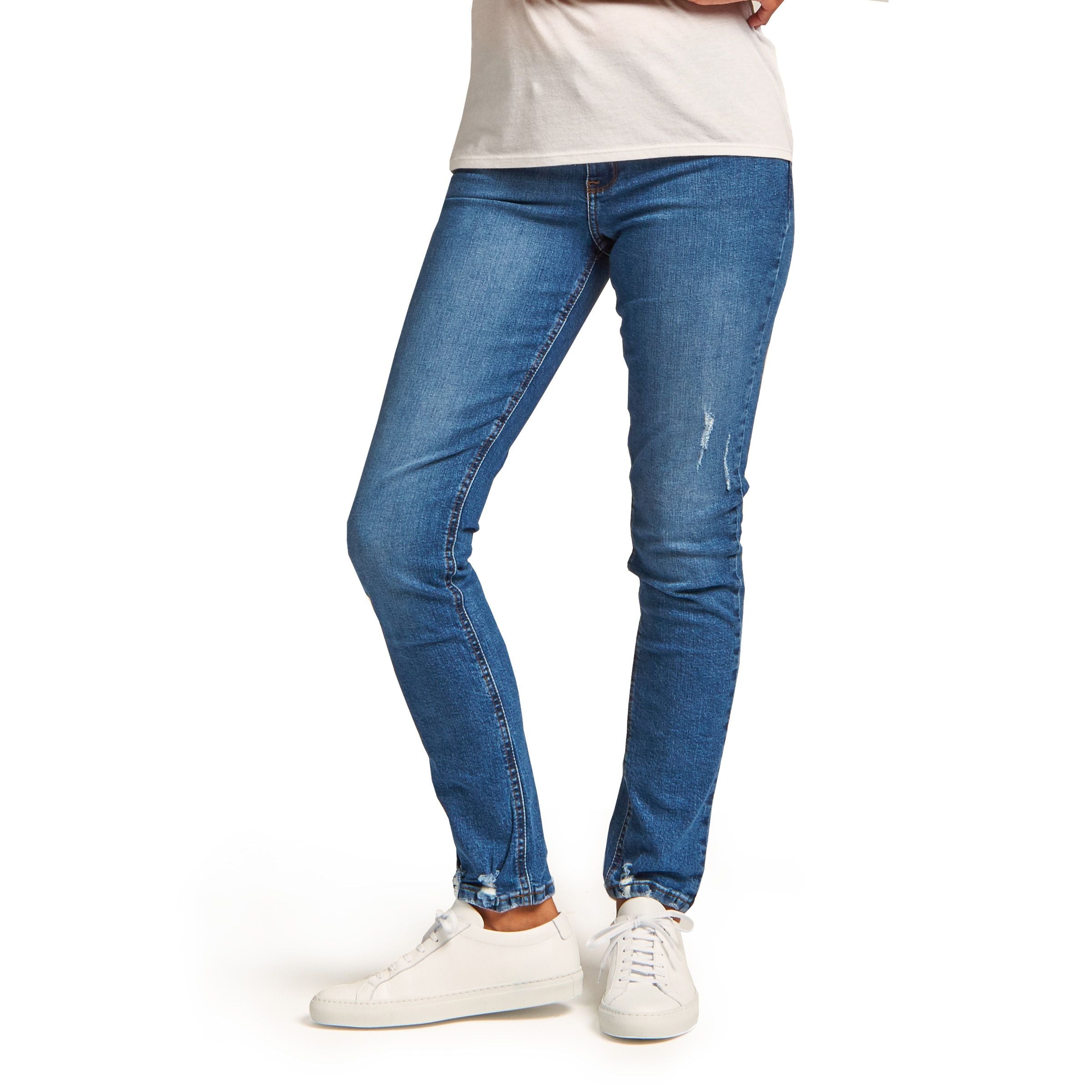 Women wearing Light/Medium Blue Mid Rise Slim Straight Ridge Jeans