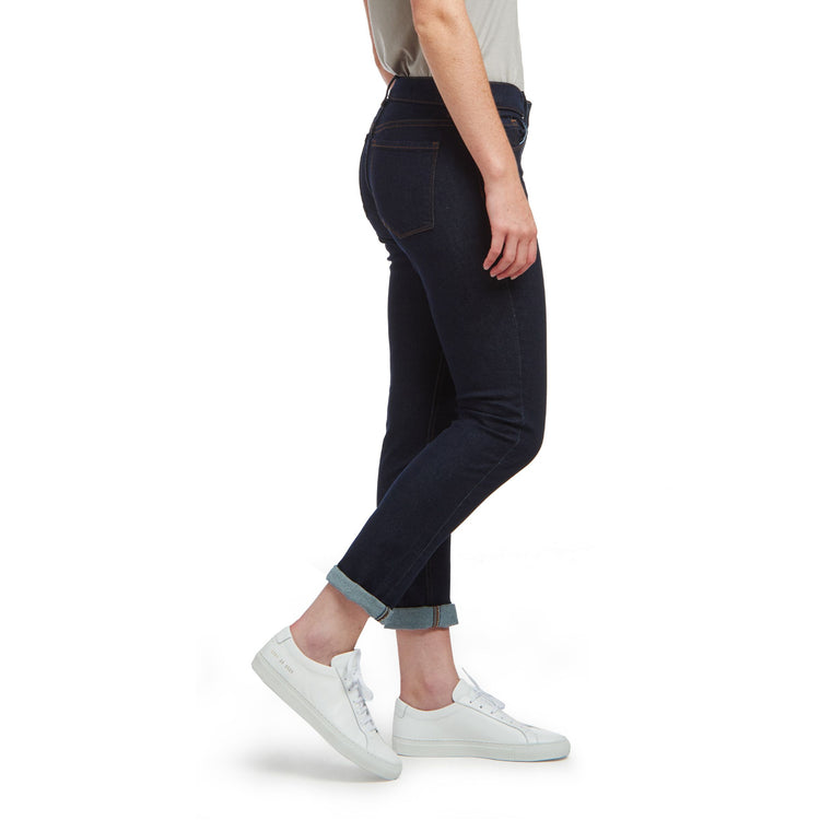 Women wearing Dark Blue Mid Rise Slim Straight Ridge Jeans